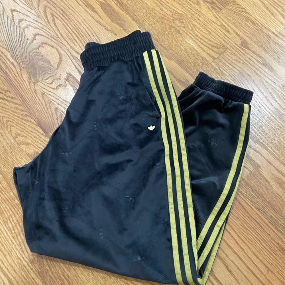 Adidas Originals High Waist Embossed Three Stripe Velour Track Pants Size Small